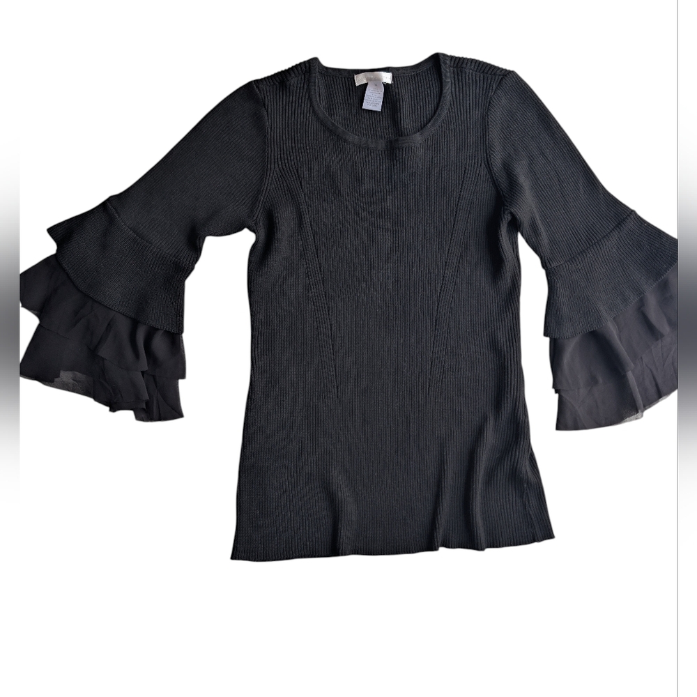 Vintage Whimsigoth Black Ribbed Top Ruffle Tiered Bell Sleeves XL